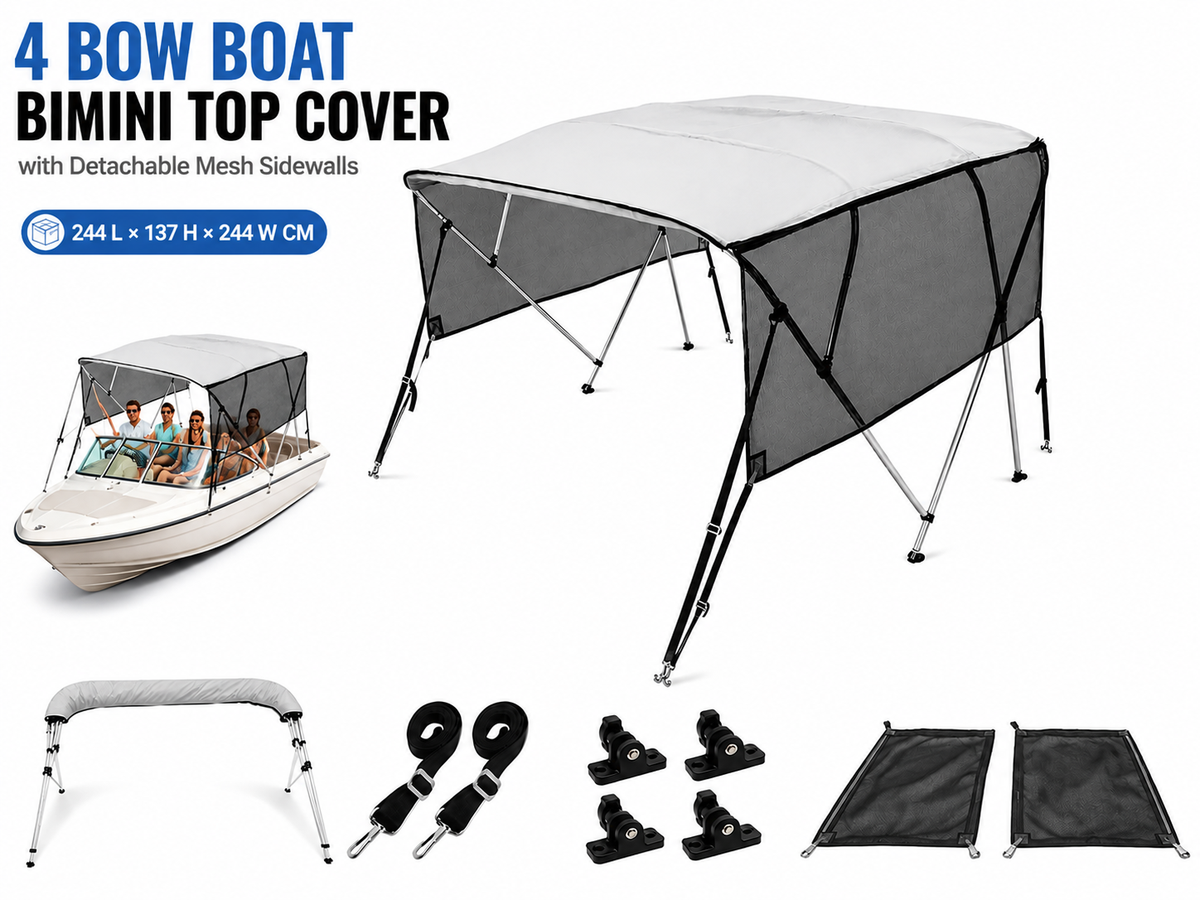 Boat Bimini Top Cover 4 Bow 2.44m Waterproof Marine Canopy with Detachable Mesh Sidewalls
