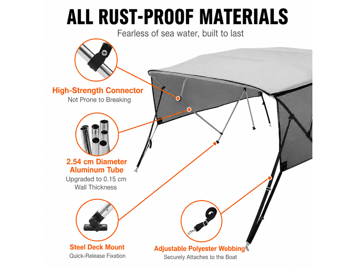 Boat Bimini Top Cover 4 Bow 2.44m Waterproof Marine Canopy with Detachable Mesh Sidewalls