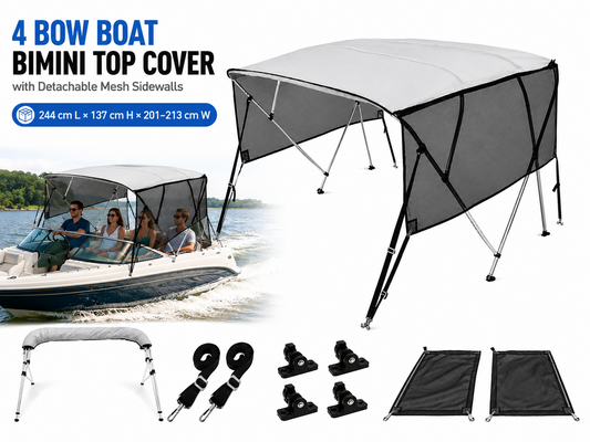 4 Bow with Detachable Mesh Sidewalls Bimini Top Boat Cover