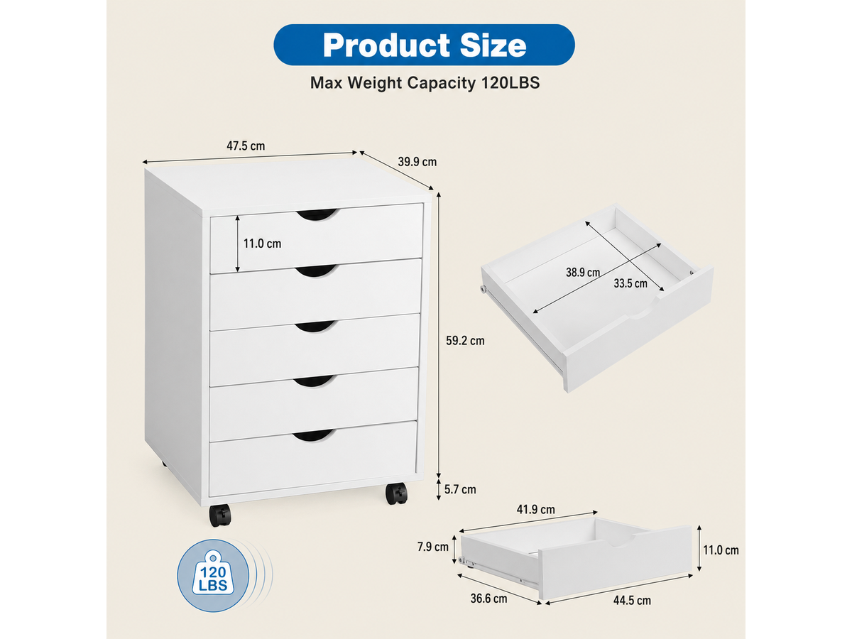 Rolling File Cabinet 5 Drawer Mobile Storage Cabinet with Printer Stand
