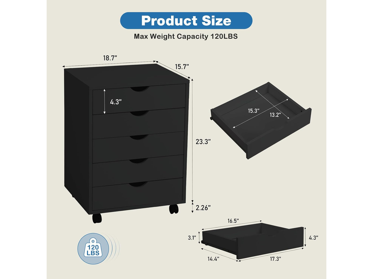 5 Drawer Rolling File Cabinet Mobile Storage Cabinet