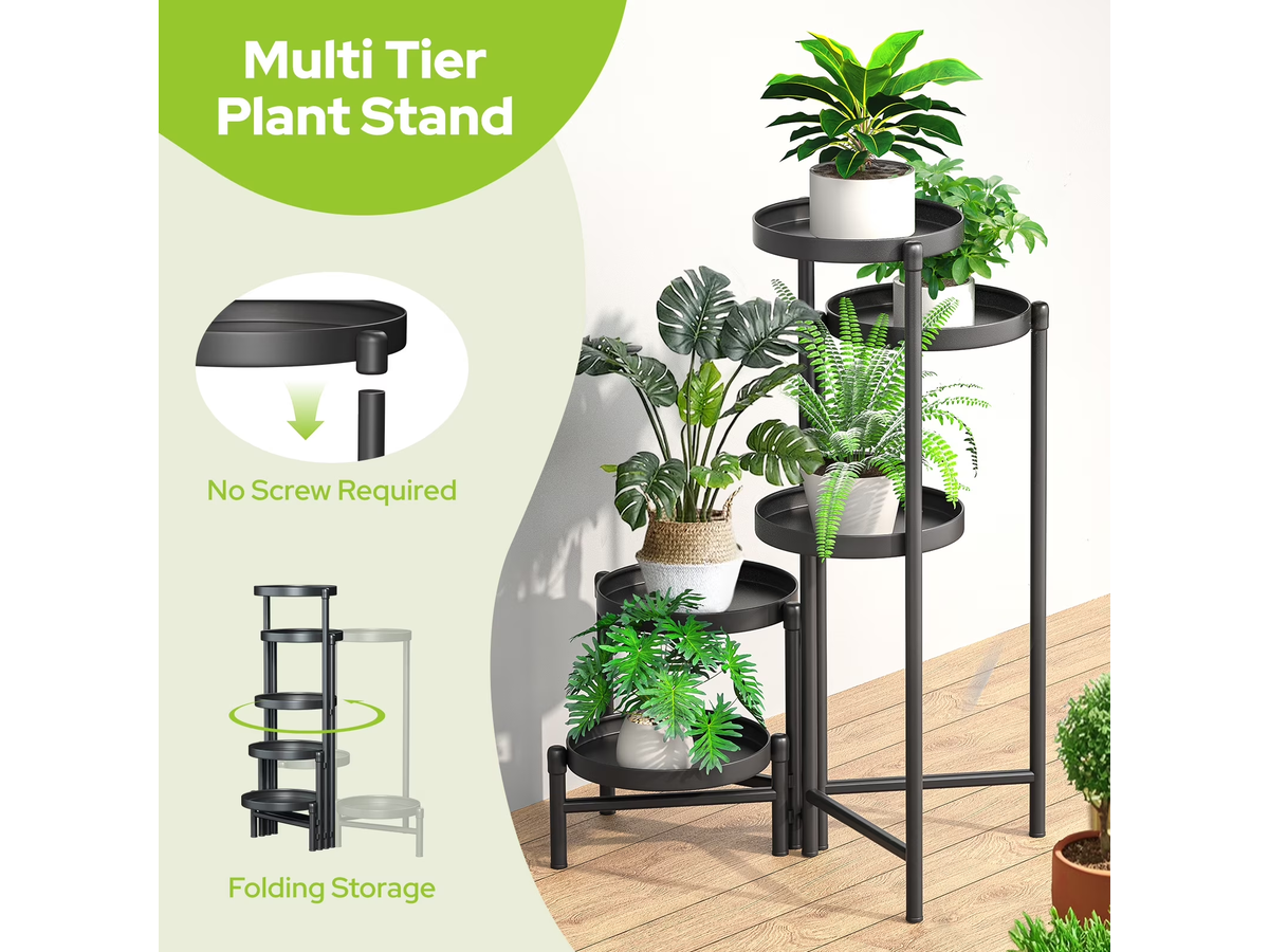 Metal Plant Stand 5 Tier Foldable Tall Flower Pot Shelf for Indoor Outdoor Use