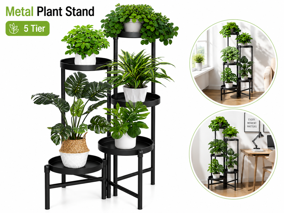 Metal Plant Stand 5 Tier Foldable Tall Flower Pot Shelf for Indoor Outdoor Use