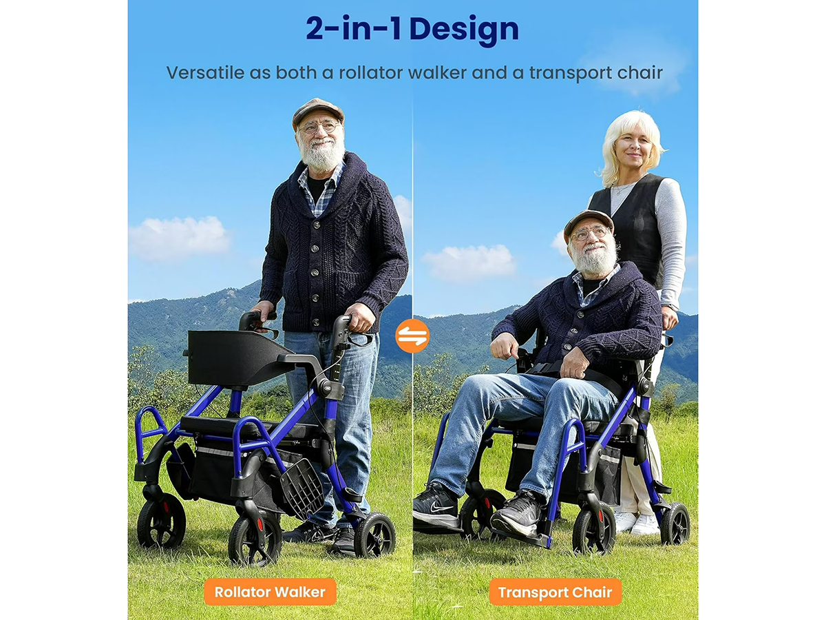 Folding Mobility Walker 2 in 1 Folding Mobility Walker Rollator Transport Wheelchair with Seat