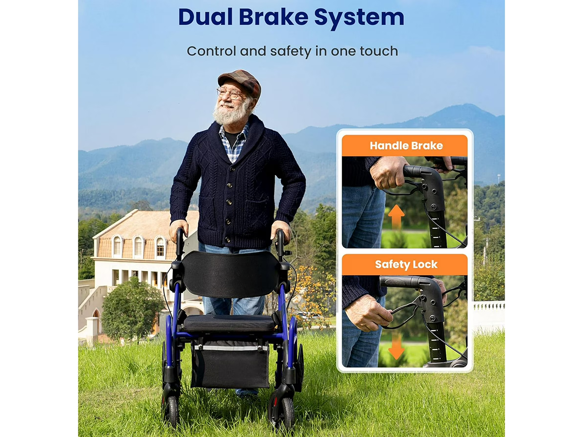 Folding Mobility Walker 2 in 1 Folding Mobility Walker Rollator Transport Wheelchair with Seat