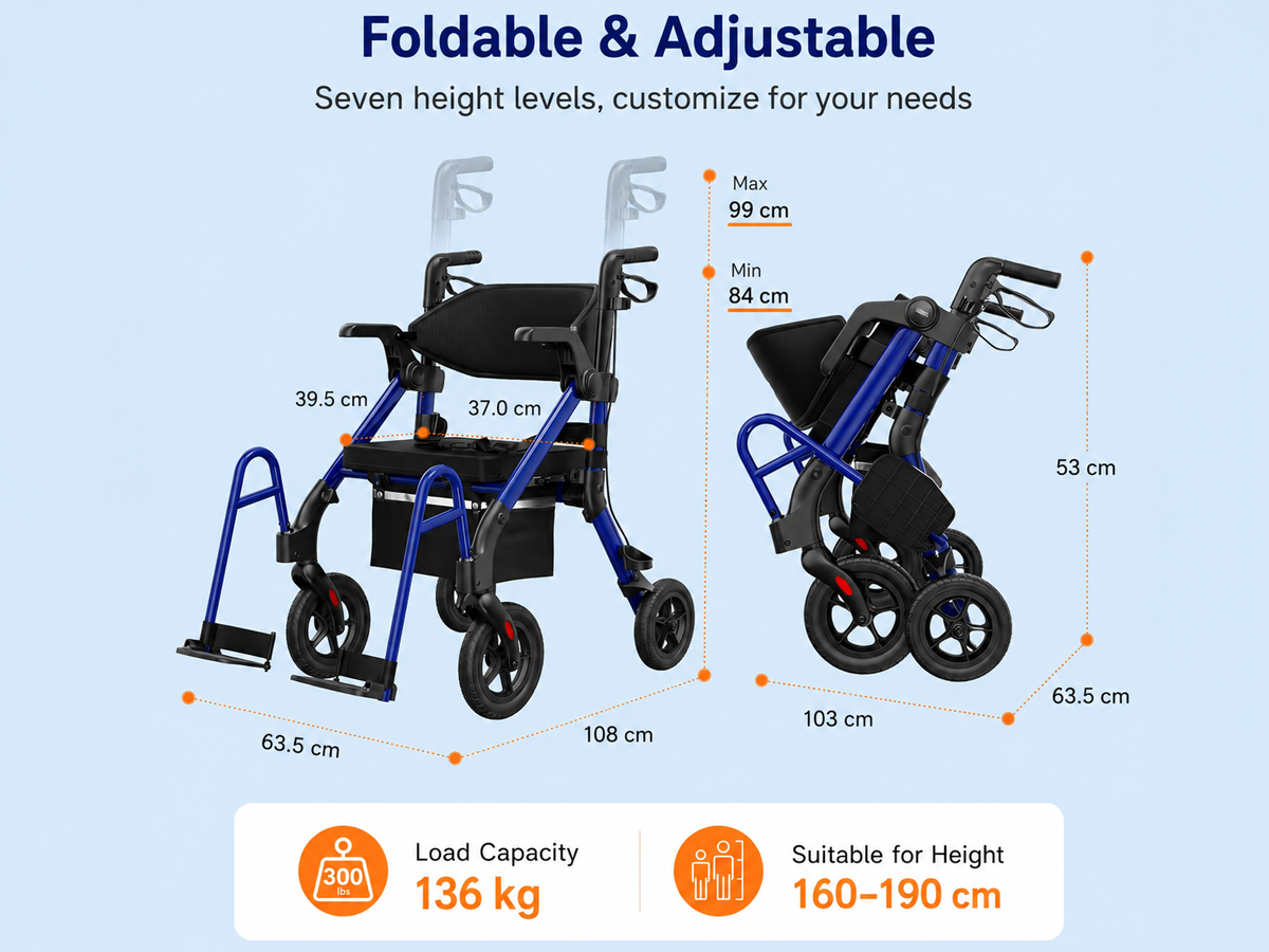 Folding Mobility Walker 2 in 1 Folding Mobility Walker Rollator Transport Wheelchair with Seat