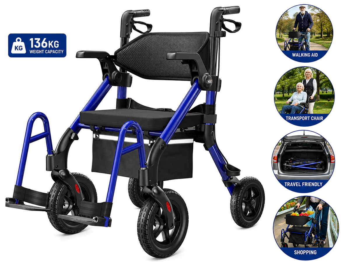 Folding Mobility Walker 2 in 1 Folding Mobility Walker Rollator Transport Wheelchair with Seat
