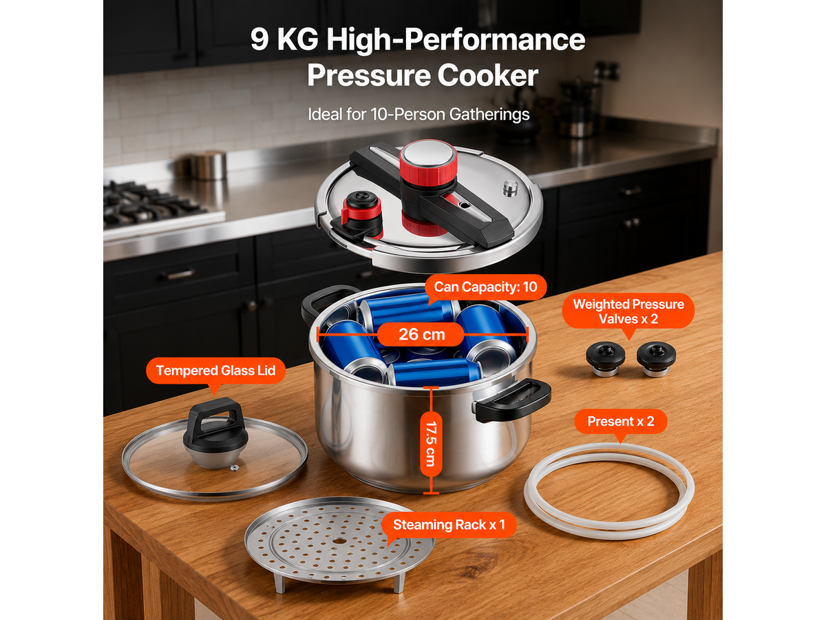 Pressure Cooker 9L Stainless Steel Pressure Cooker with Steaming Rack