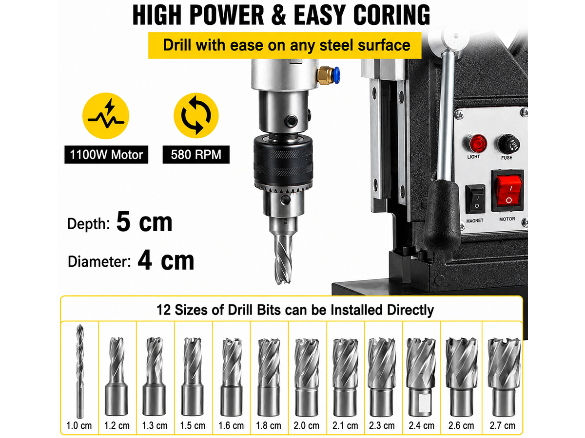 Portable Electric Mag Drill with 11 Drill Bits