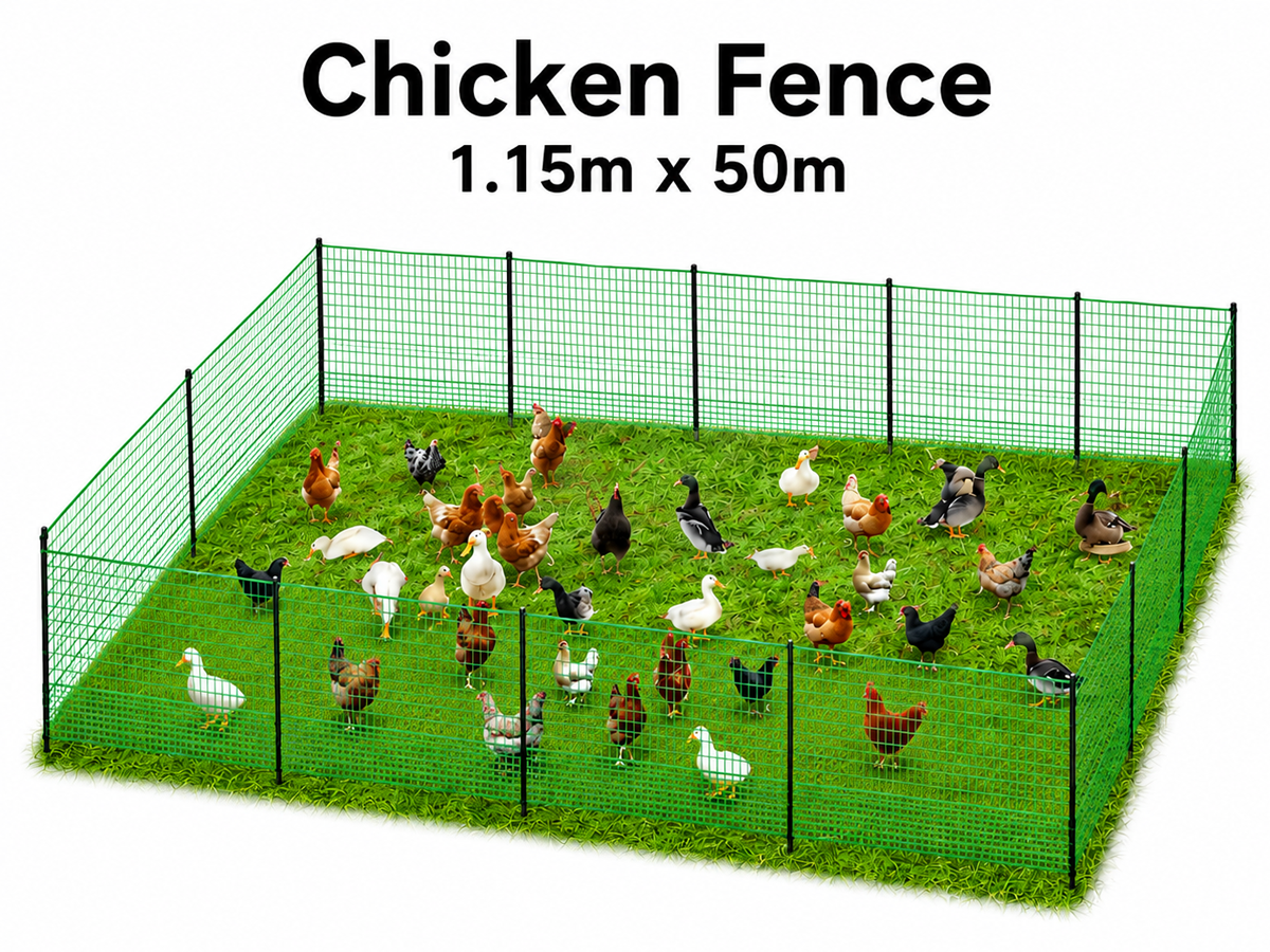 Chicken Fence 1.15M X 50M Portable Poultry Netting with Posts Gate Ground Pegs and Guy Ropes