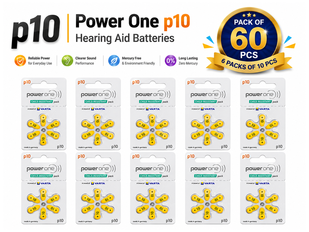 Power One Size 10 Hearing Aid Batteries Zinc Air Battery Pack (60 Batteries)
