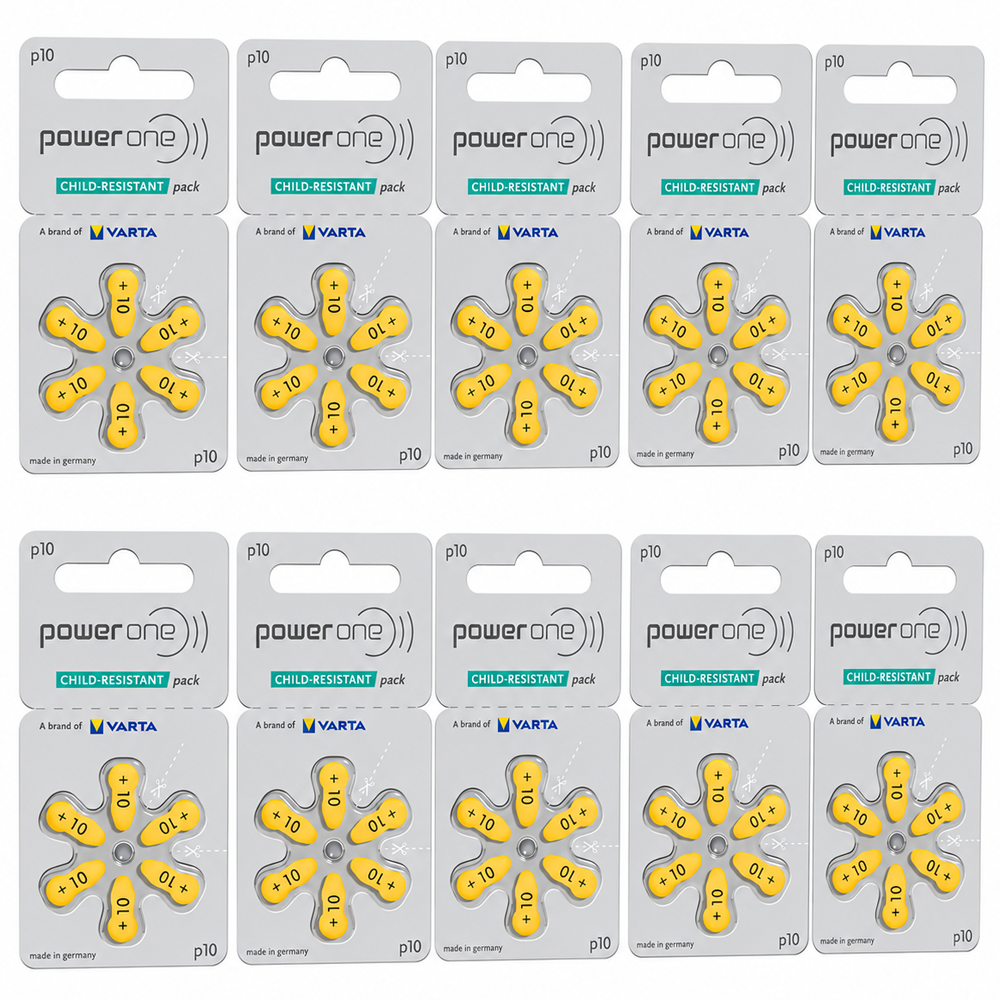 Power One Size 10 Hearing Aid Batteries Zinc Air Battery Pack (60 Batteries)