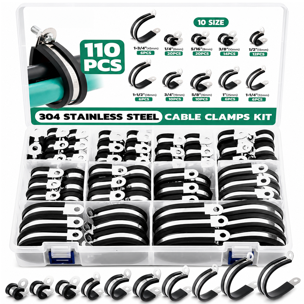 Stainless Steel Rubber Cable Clamps 110PCS Assortment Kit 10 Sizes Insulated P Clamps for Wire, Pipe & Hose Mounting