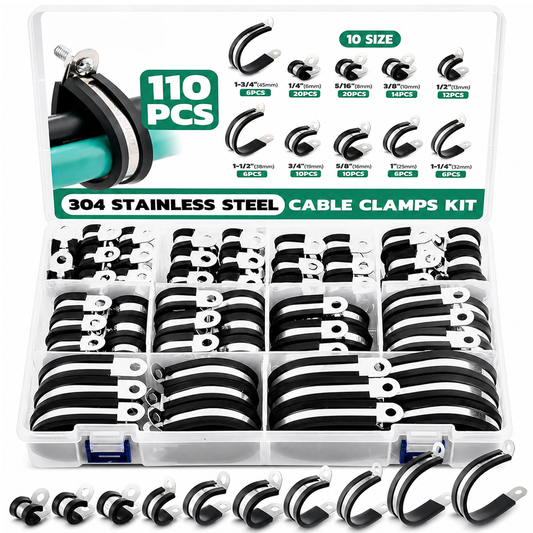 110PCS Rubber Cable Clamps Stainless Steel Rubber Cushioned P Clamp Assortment Kit