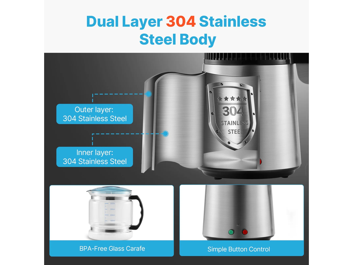 Water Distiller Distilled Water Maker 4L Countertop Stainless Steel Water Purifier