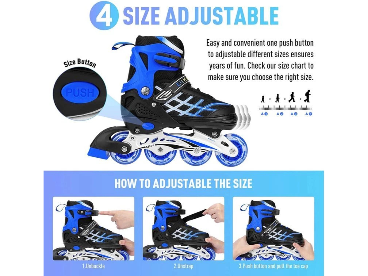 Inline Skates with Luminous Wheels Adjustable Roller Skates for Kids, Teens, and Adults Size 33-37 Blue