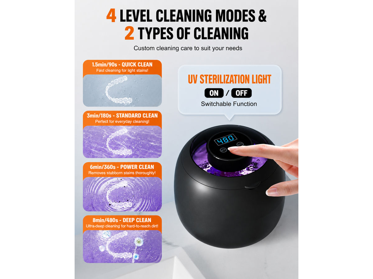 Ultrasonic Cleaner Machine Cordless Rechargeable Dentures Cleaner with UV Light
