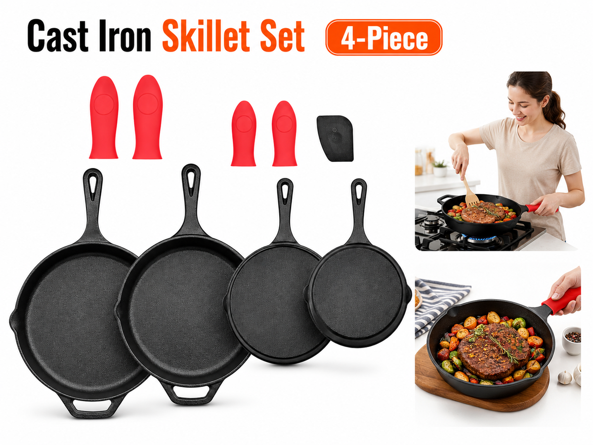 Cast Iron Skillet Set Frying Pan Set with Silicone Handle Covers