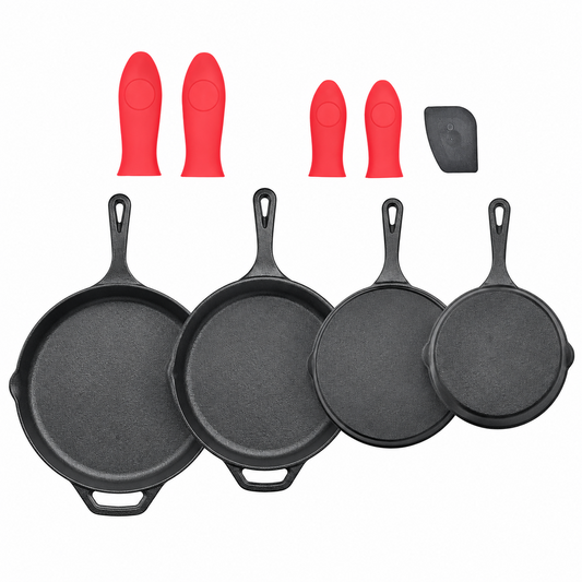 Cast Iron Skillet Set Frying Pan Set with Silicone Handle Covers