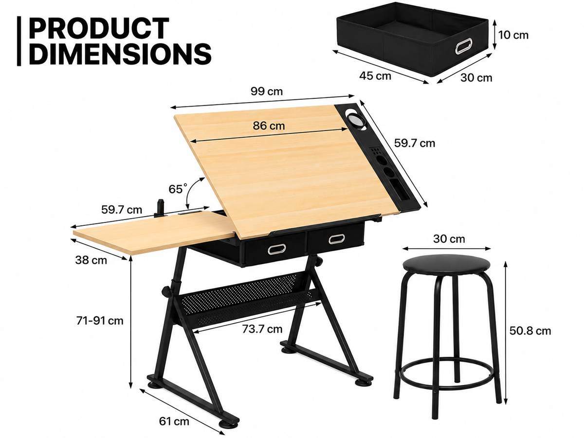 Adjustable Drafting Table with Stool Tilting Art Desk with Storage Drawers