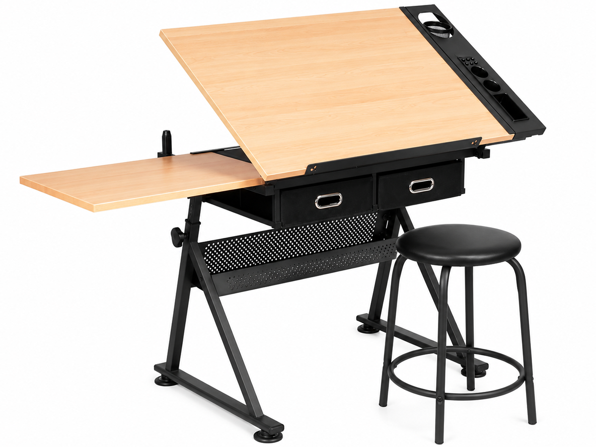 Adjustable Drafting Table with Stool Tilting Art Desk with Storage Drawers