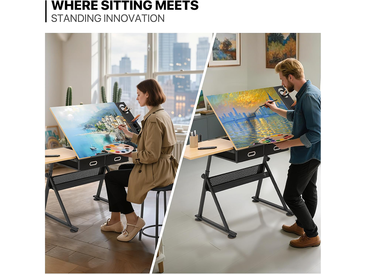 Adjustable Drafting Table with Stool Tilting Art Desk with Storage Drawers