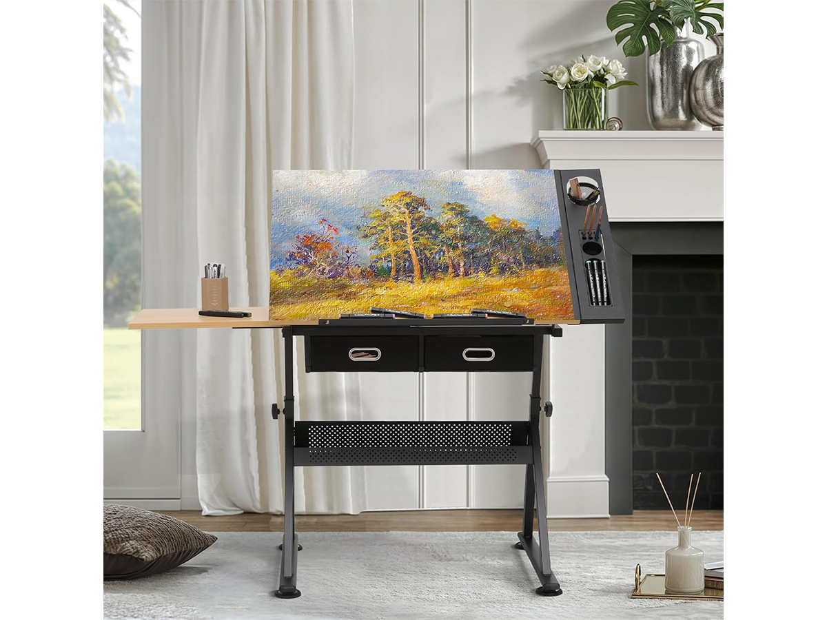 Adjustable Drafting Table with Stool Tilting Art Desk with Storage Drawers