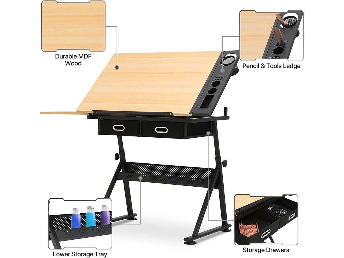Adjustable Drafting Table with Stool Tilting Art Desk with Storage Drawers