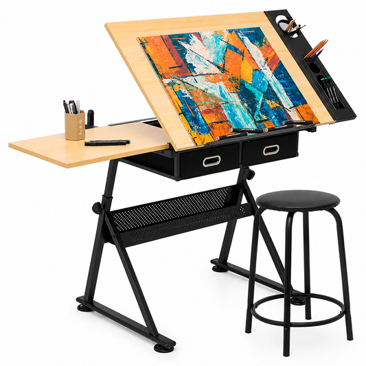 Adjustable Drafting Table with Stool Tilting Art Desk