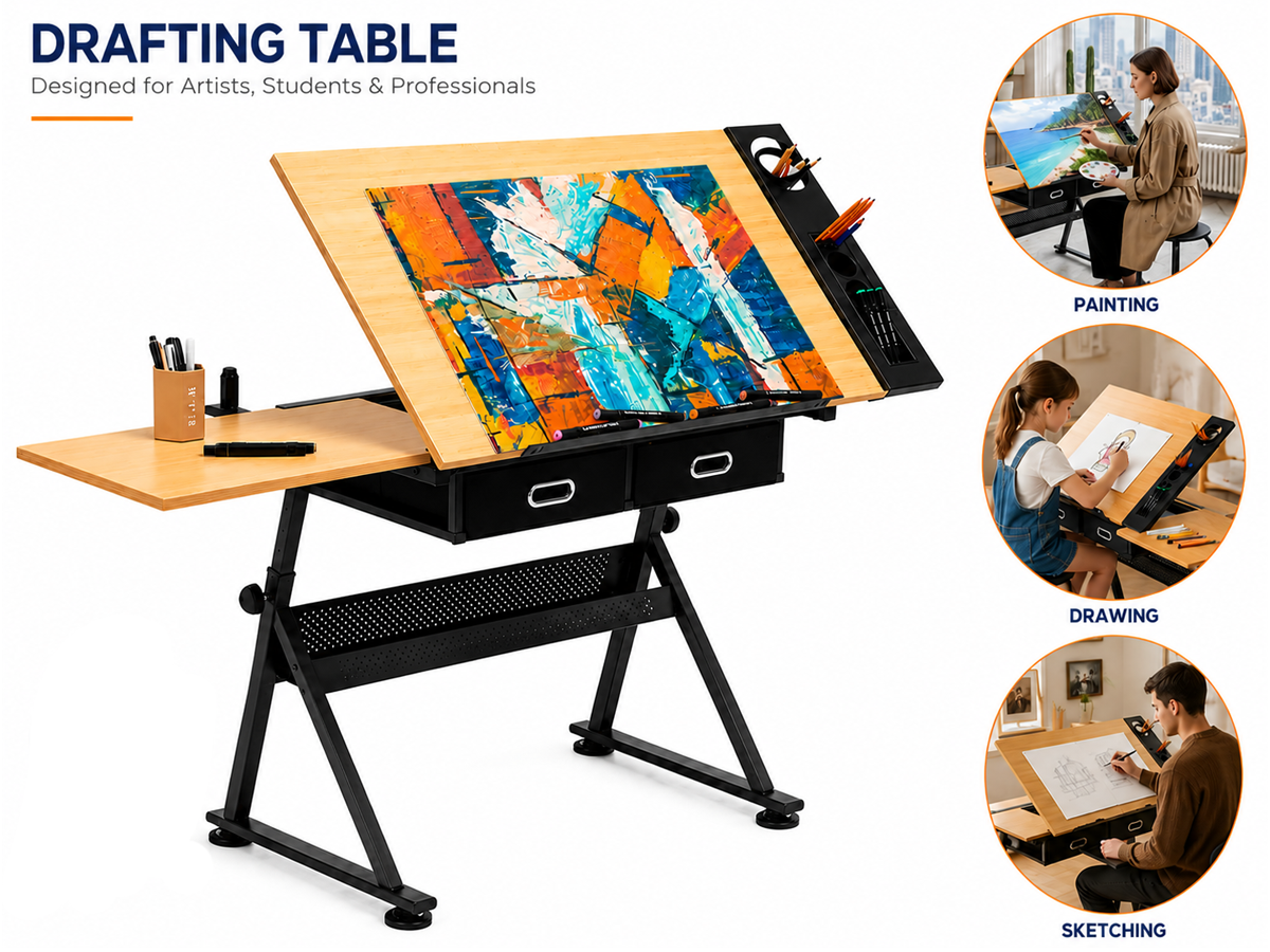 Adjustable Drafting Table with Stool Tilting Art Desk with Storage Drawers