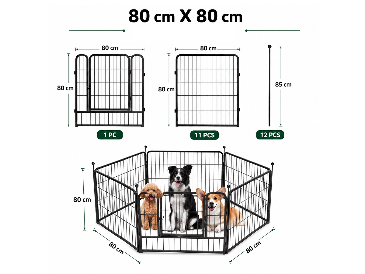 Dog Playpen 12 Panel 80 × 80 cm Heavy Duty Metal Pet Exercise Pen with Gate for Indoor & Outdoor Use