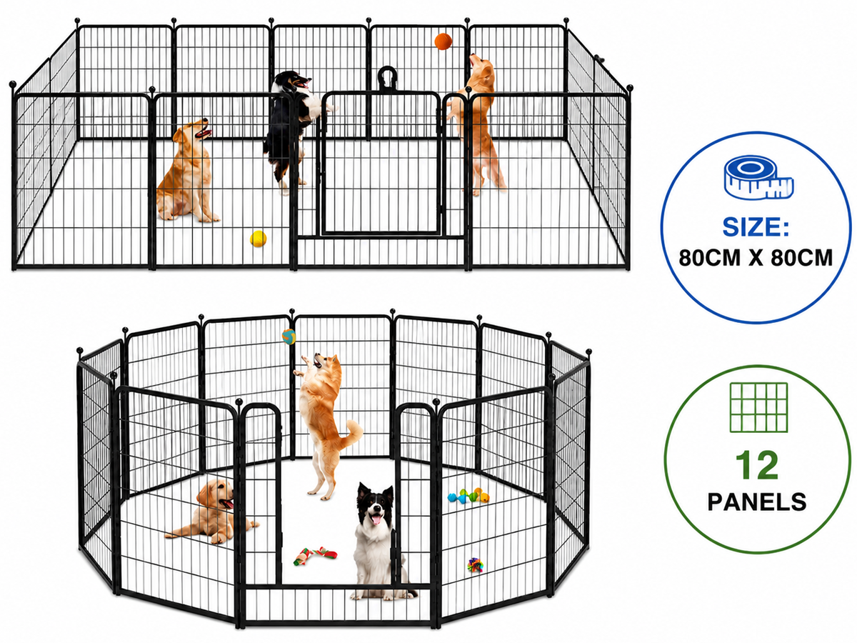 Dog Playpen 12 Panel 80 × 80 cm Heavy Duty Metal Pet Exercise Pen with Gate for Indoor & Outdoor Use