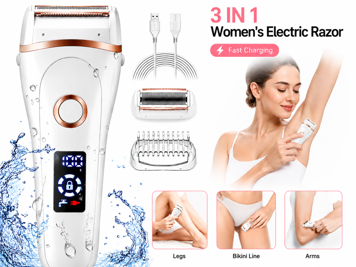 Womens Electric Razor 3 in 1 Rechargeable Wet & Dry Shaver with LED Display
