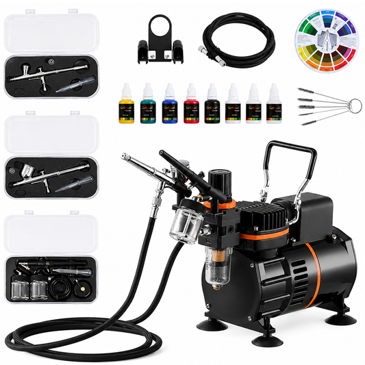 Air brush Compressor Kit 1/6 HP with 3 Dual Action Airbrushes and 8 Paints