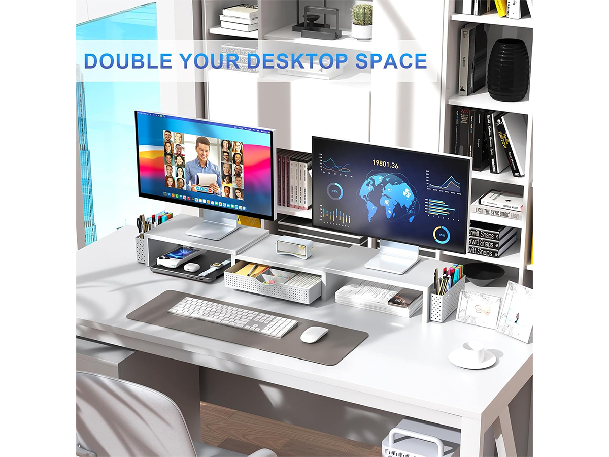 Dual Monitor Stand Riser White Metal Monitor Stand with Drawer & 2 Pen Holders