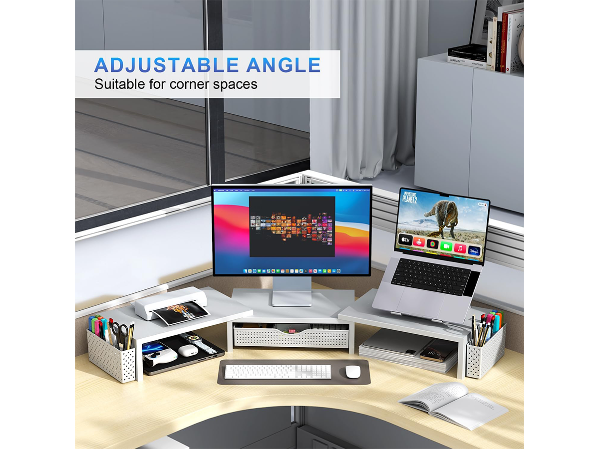 Dual Monitor Stand Riser White Metal Monitor Stand with Drawer & 2 Pen Holders