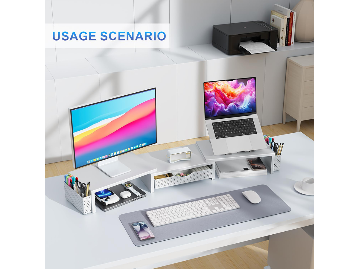 Dual Monitor Stand Riser White Metal Monitor Stand with Drawer & 2 Pen Holders