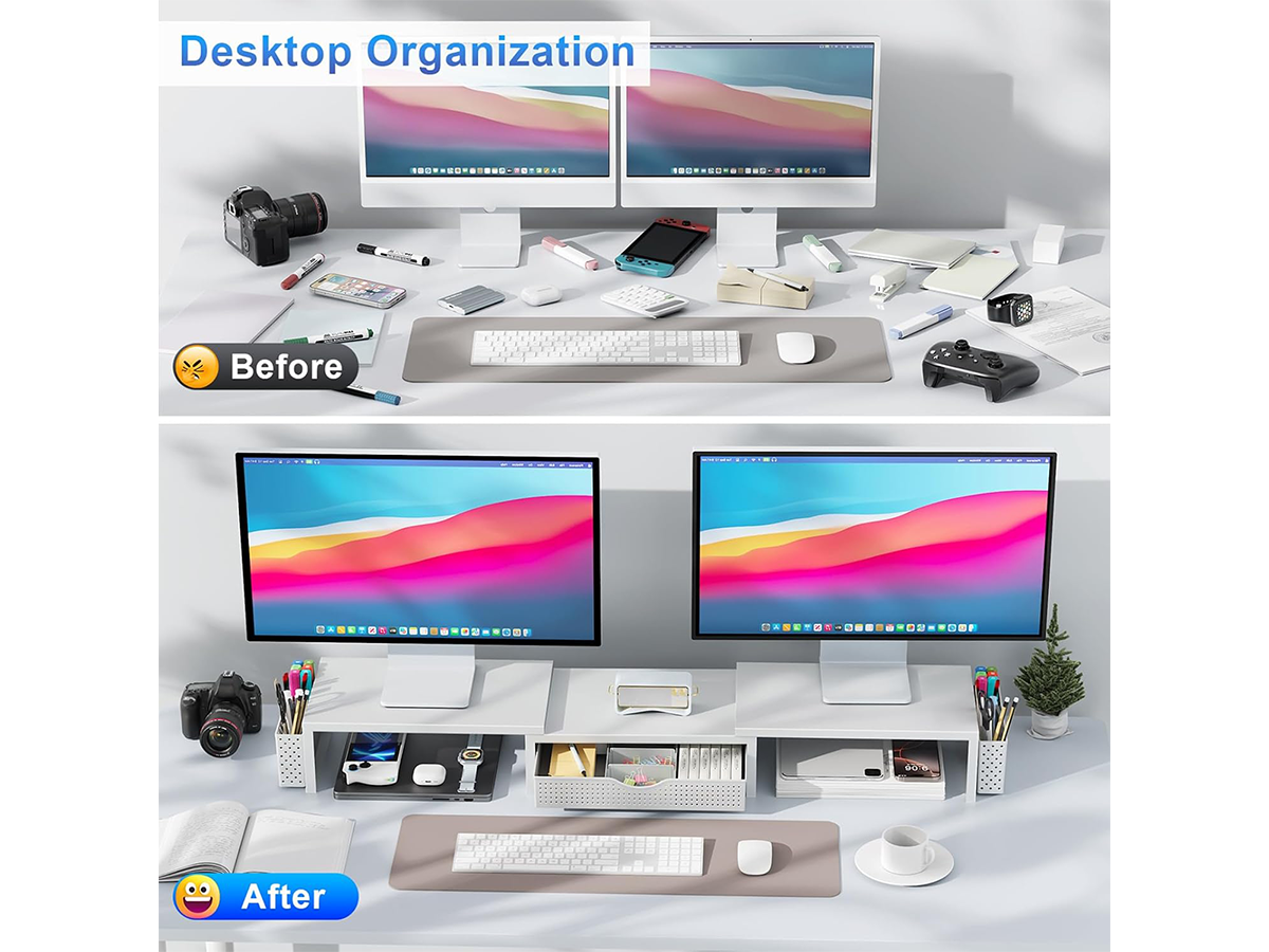 Dual Monitor Stand Riser White Metal Monitor Stand with Drawer & 2 Pen Holders