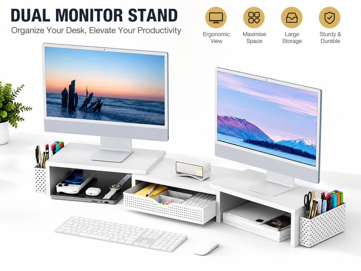 Dual Monitor Stand Riser White Metal Monitor Stand with Drawer & 2 Pen Holders