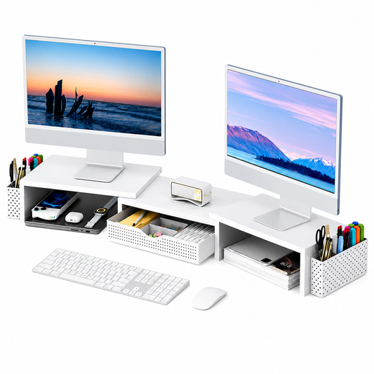 Dual Monitor Stand Riser Metal Desk Organizer with Drawer
