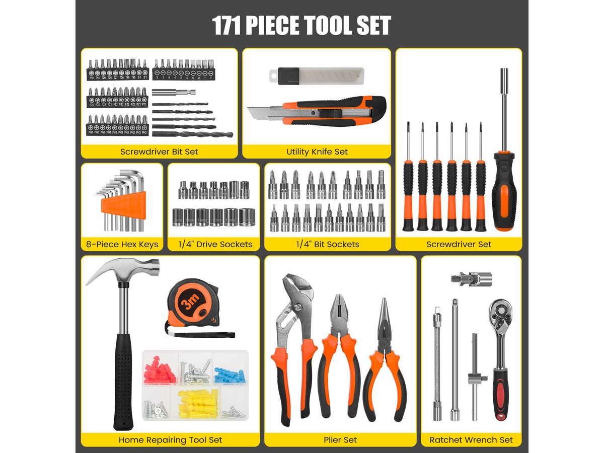 Socket Wrench Repair Tool Set 171 Piece Mechanic Hand Tool Kit with Storage Case