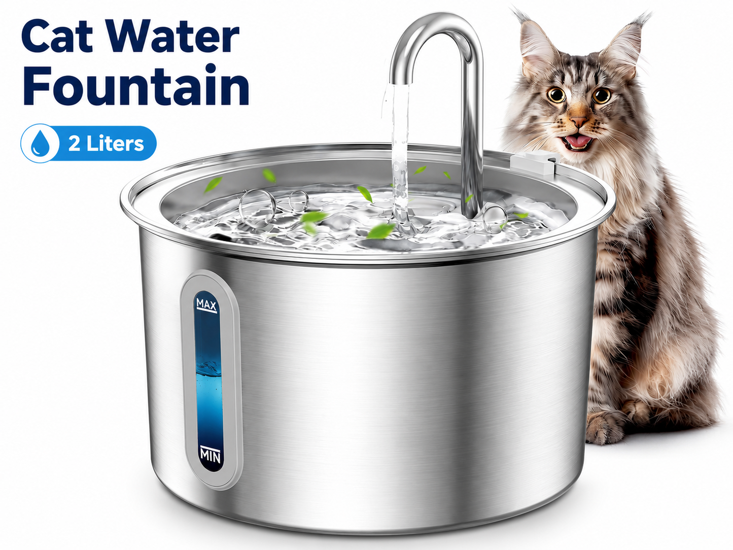 Stainless Steel Cat Water Fountain - 2L Water Dispenser with Dual Filter System