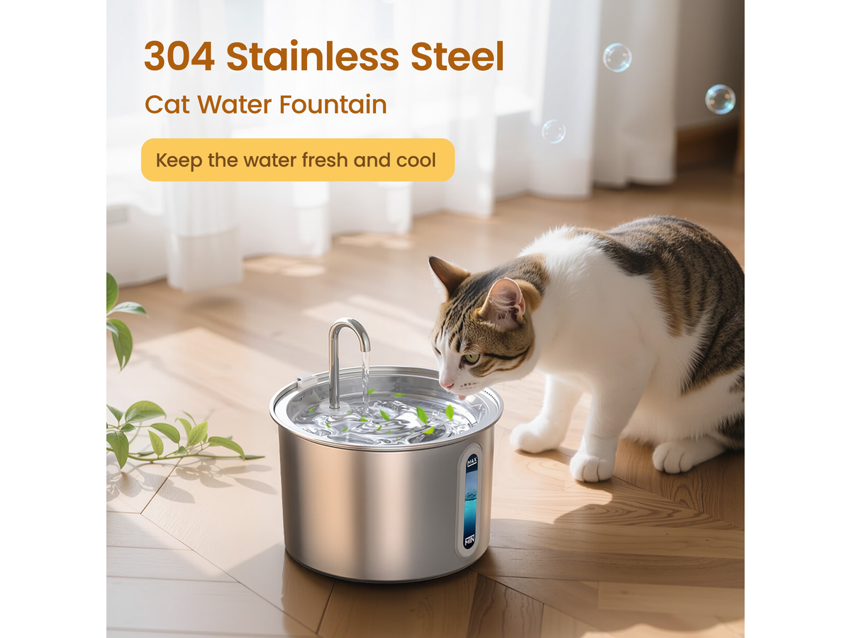 Stainless Steel Cat Water Fountain - 2L Water Dispenser with Dual Filter System