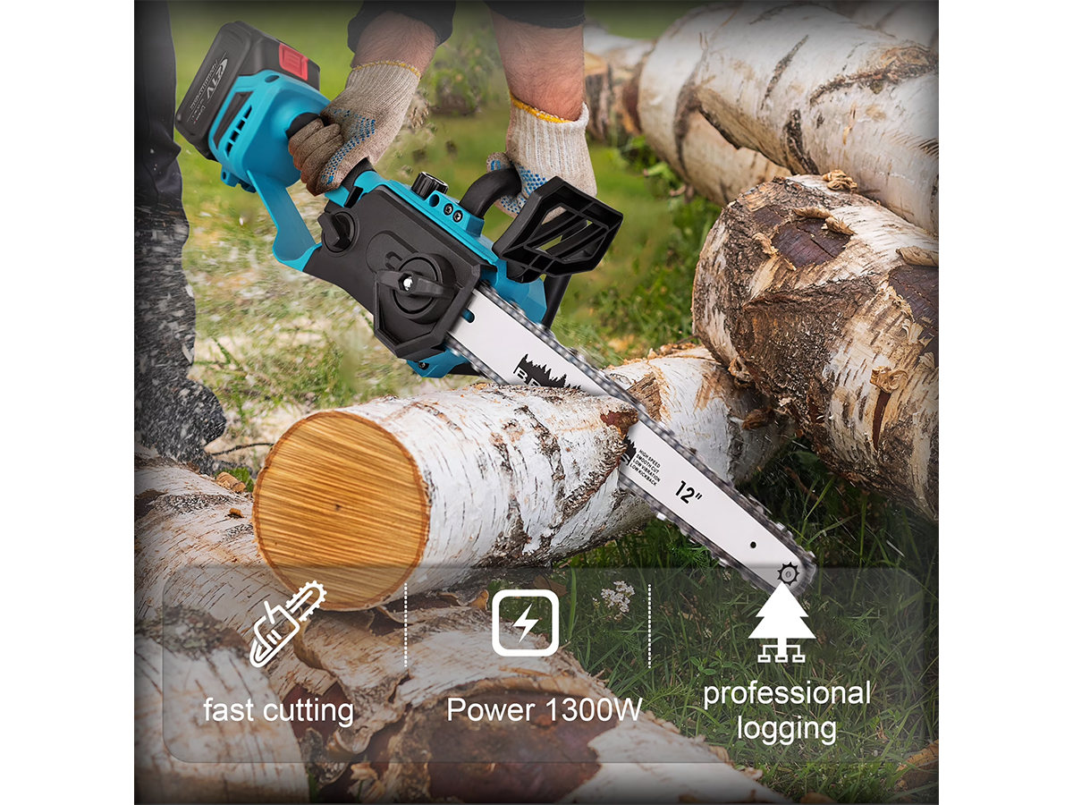 Cordless Chainsaw 12 Inch 21V Electric Pruning Saw with 2 Batteries