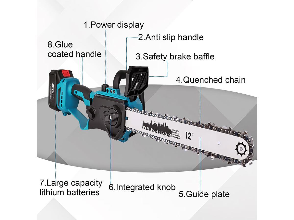 Cordless Chainsaw 12 Inch 21V Electric Pruning Saw with 2 Batteries