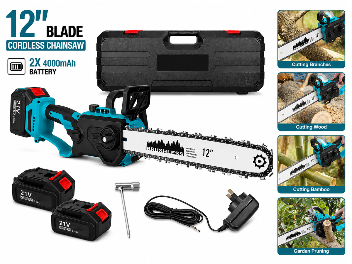 Cordless Chainsaw 12 Inch 21V Electric Pruning Saw with 2 Batteries