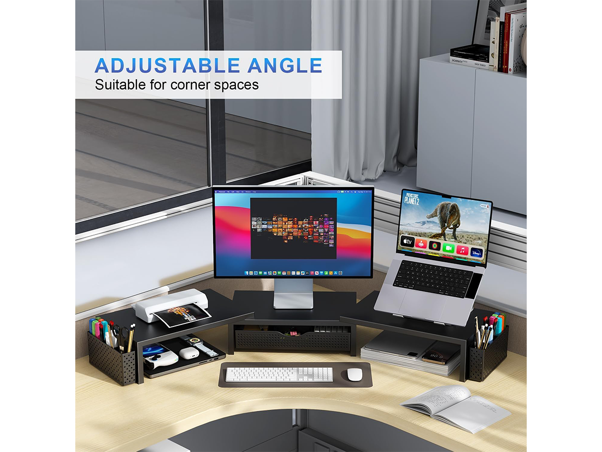 Dual Monitor Stand Riser White Metal Monitor Stand with Drawer & 2 Pen Holders