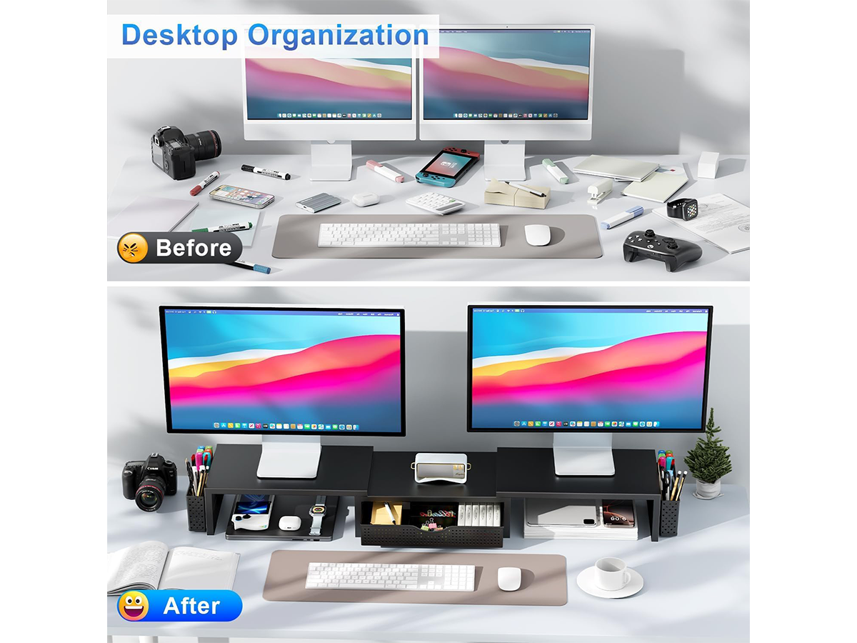 Dual Monitor Stand Riser White Metal Monitor Stand with Drawer & 2 Pen Holders