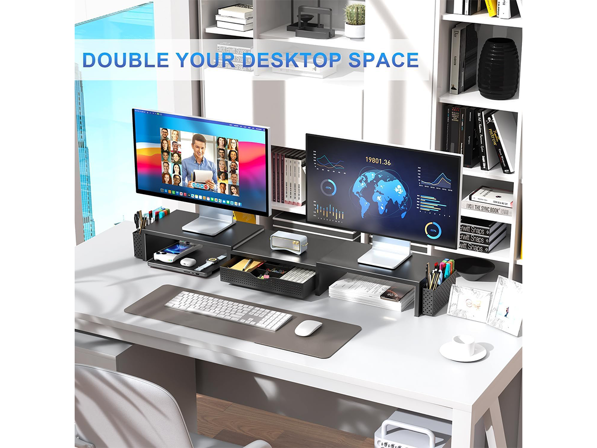 Dual Monitor Stand Riser White Metal Monitor Stand with Drawer & 2 Pen Holders