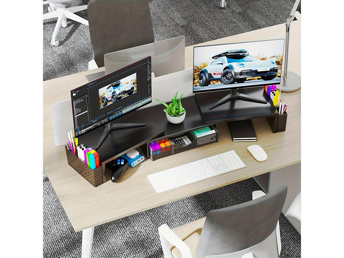 Dual Monitor Stand Riser White Metal Monitor Stand with Drawer & 2 Pen Holders